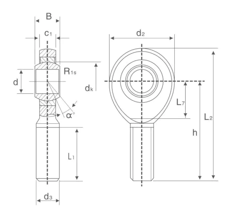 GAR C / GAR ET 2RS Rod End Bearing – Male Thread, Maintenance-Free technical drawing and dimensions