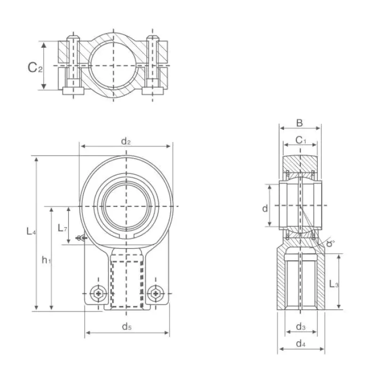 GIHN K LO Heavy-Duty Rod End Housing – Female Thread and Locking Nuts technical drawing and dimensions