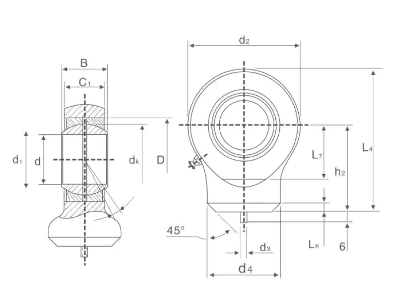 GK DO Rod End Housing – Female Thread with Locating Pin technical drawing and dimensions