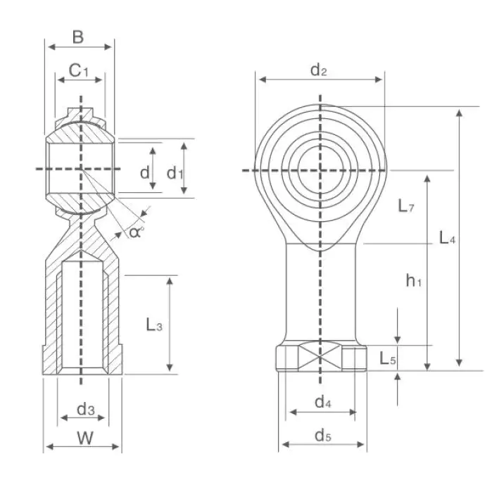 NHS Rod End Bearing &ndash; Female Thread, PTFE Lined technical drawing and dimensions