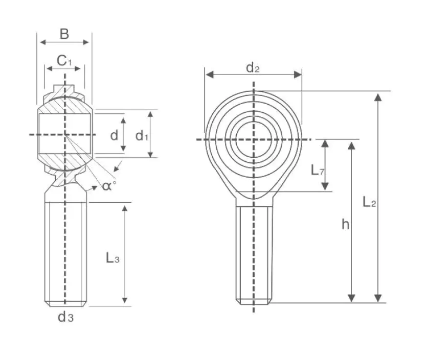 NOS Rod End Bearing &ndash; Male Thread, PTFE Lined technical drawing and dimensions