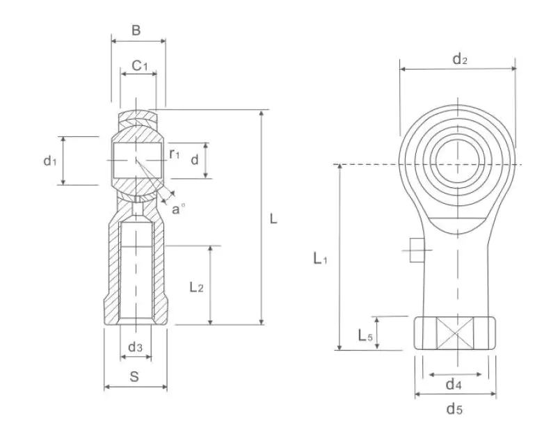 PHSB Inch Rod End Bearing – Female Thread, Bronze Liner technical drawing and dimensions
