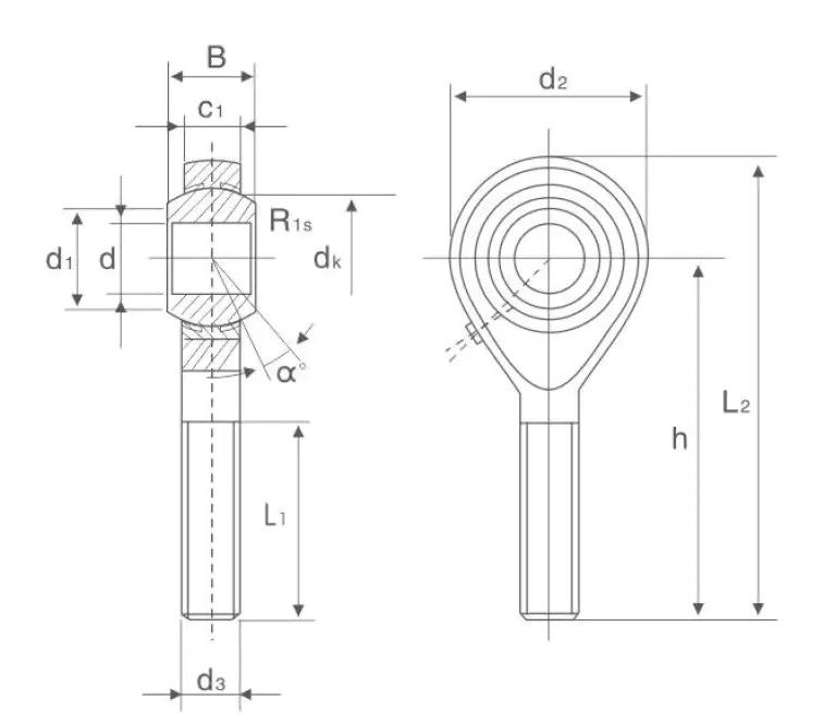 POS Rod End Bearing – Male Thread, Bronze Liner technical drawing and dimensions