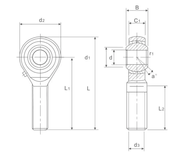 POSB Inch Rod End Bearing &ndash; Male Thread, Bronze Liner technical drawing and dimensions