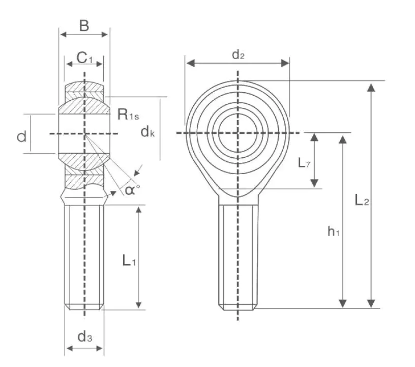 SA T/K Rod End Bearing – Metric Male Thread, Maintenance-Free technical drawing and dimensions