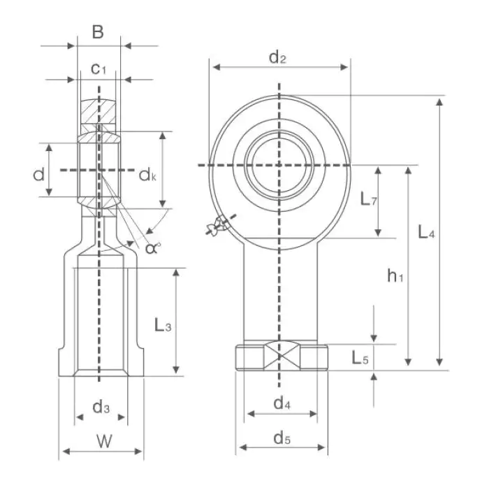 SI ES Rod End Bearing – Female Thread, Spherical Plain Bearing Insert technical drawing and dimensions