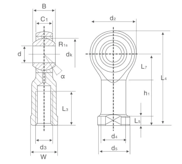 SI T/K Rod End Bearing – Metric Female Thread, Maintenance-Free technical drawing and dimensions