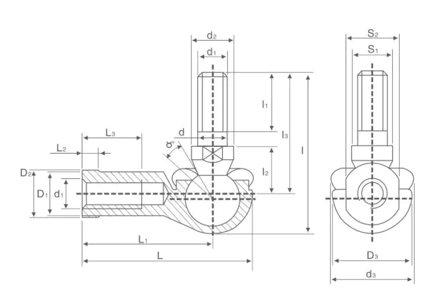 SQ RS Ball Joint &ndash; Sealed Rod-End Joint, Metric Thread technical drawing and dimensions