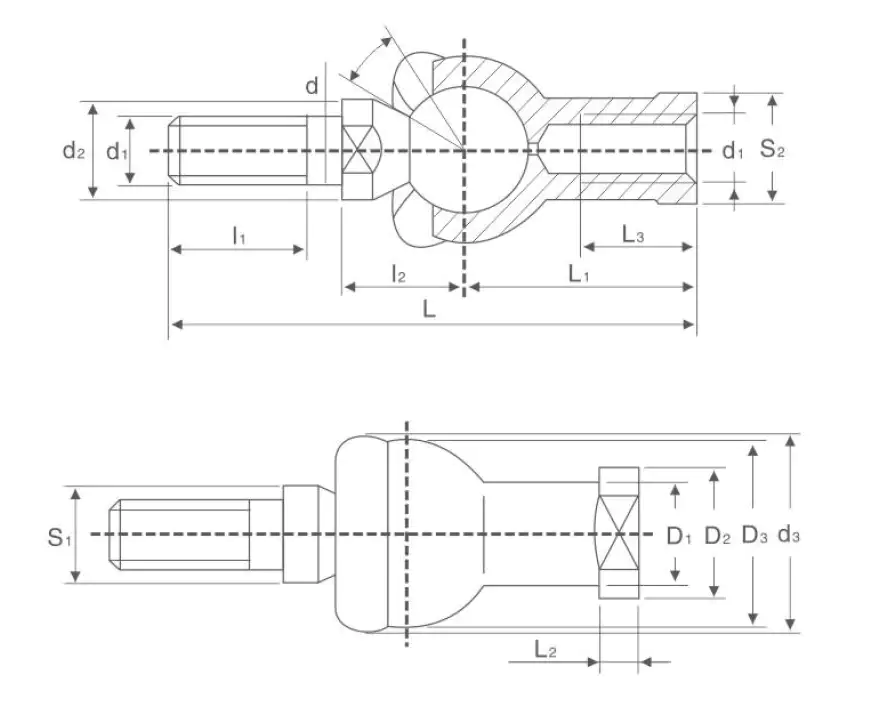 SQZ RS Ball Joint – Sealed Straight Joint, Metric Thread technical drawing and dimensions