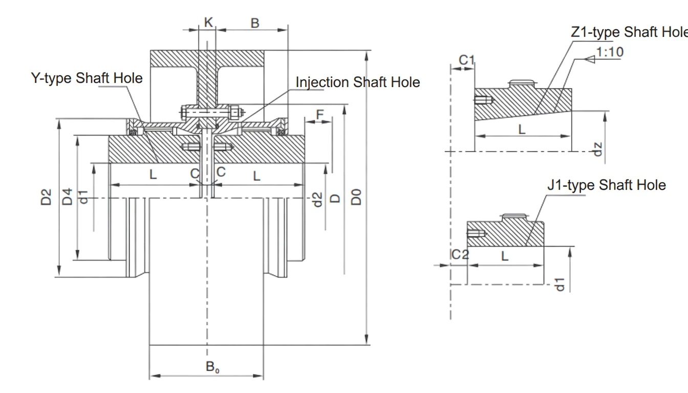 WGZ drum shape gear coupling dimensional drawing showing cylindrical brake drum D0, D, D2, D4, B, F, B0, C, C1, C2 dimensions