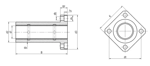 LIN-02RTL Long-Flange Plastic Linear Bearings specification and dimensional drawing